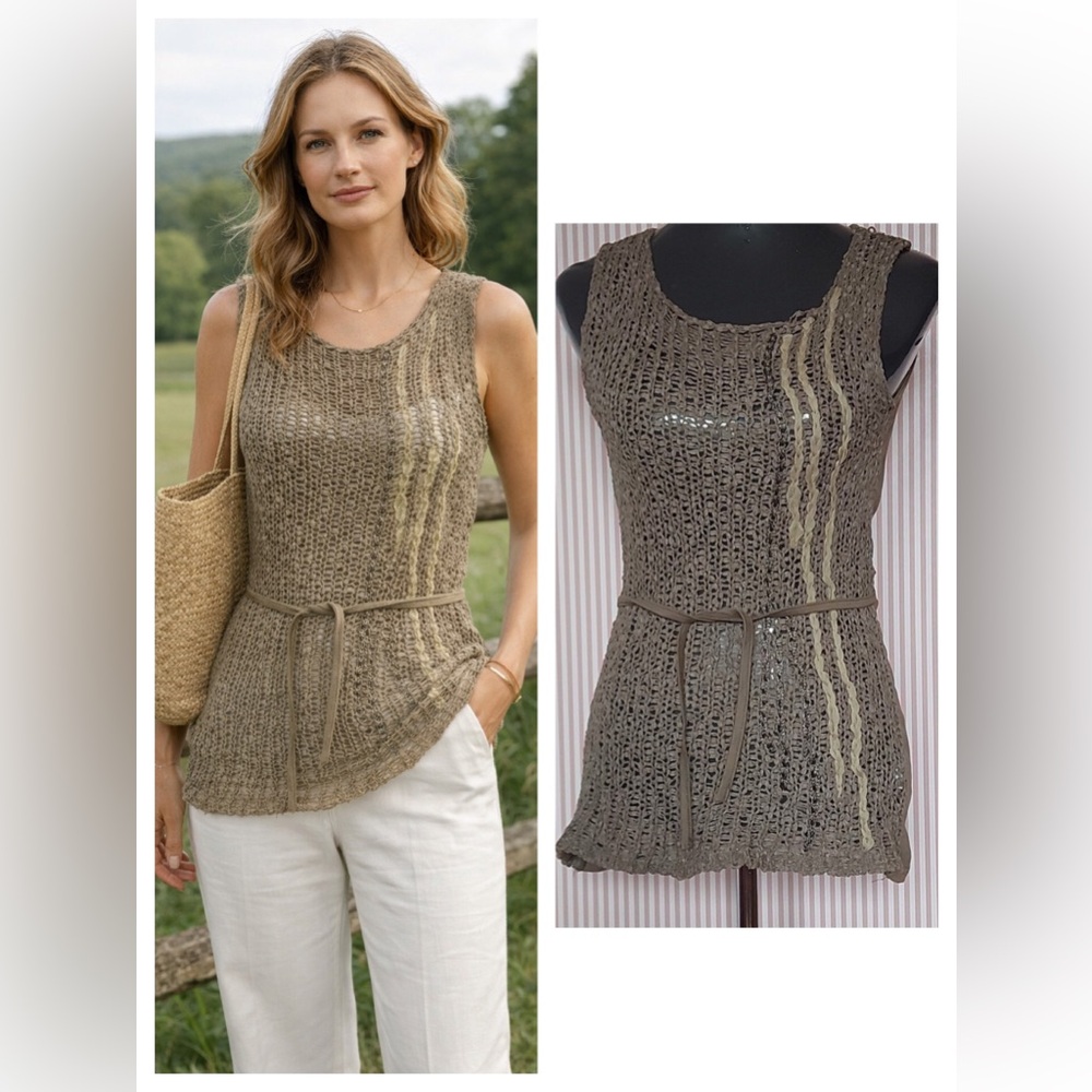 Open Knit Crochet Tank Top Sheer Layering Top Belted Stretch Size L